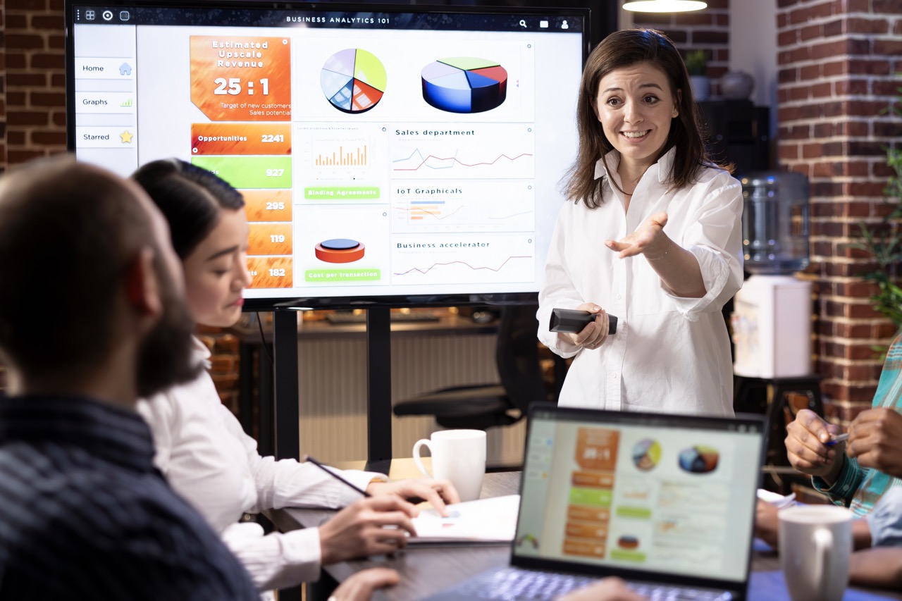Business presentation with analytics dashboard and team discussing sales data and growth strategy